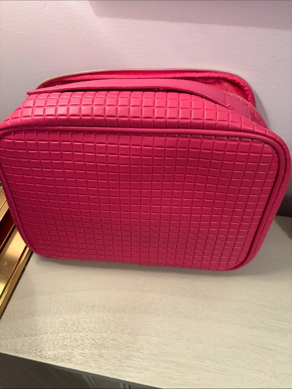 Quilted Pink Travel Cosmetic Case with Gold Zip